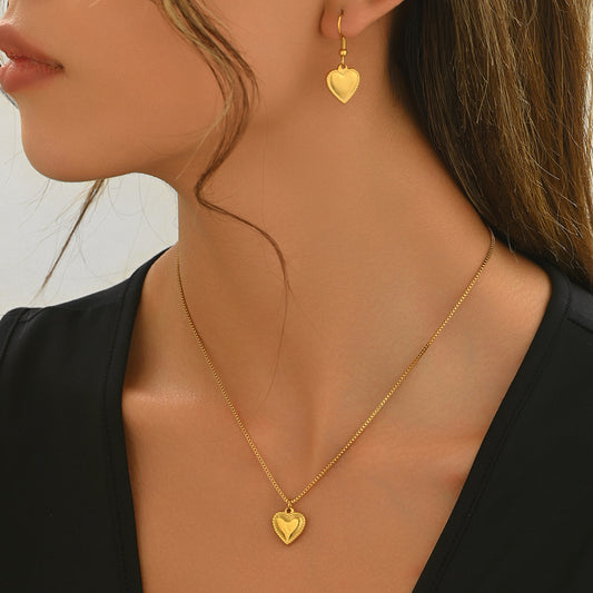 18K Gold Plated Puffy Heart Pendant Necklace And Earrings Set