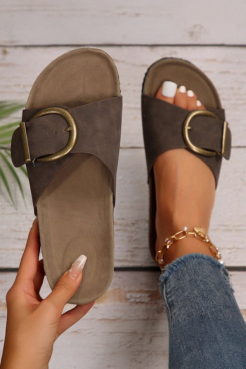 Faux Suede Slide with Coffee Buckle
