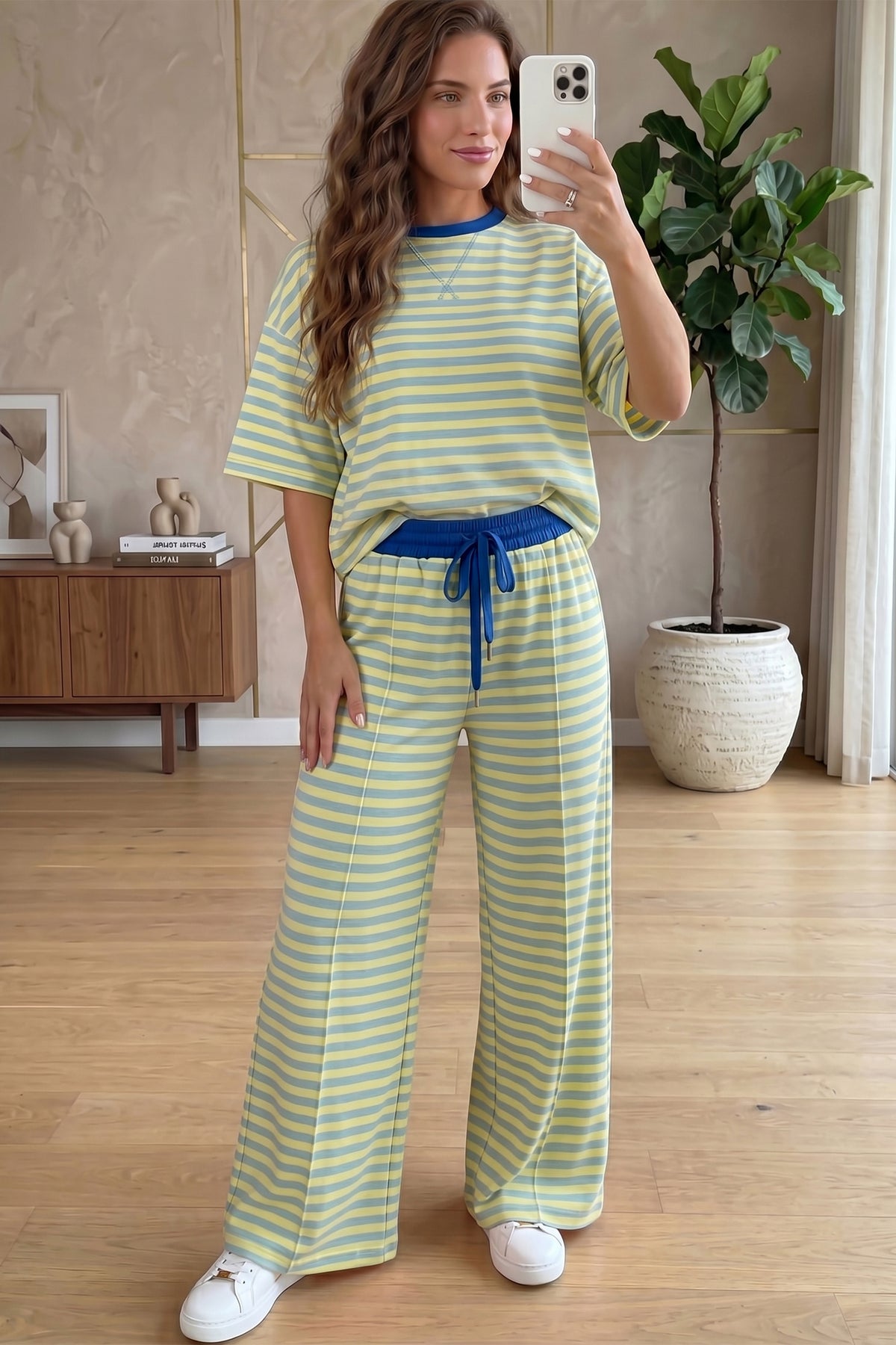 Pink Stripe Colorblock Trim Crew Neck Loose Tee Drawstring Elastic Waist 2pcs Pant Set