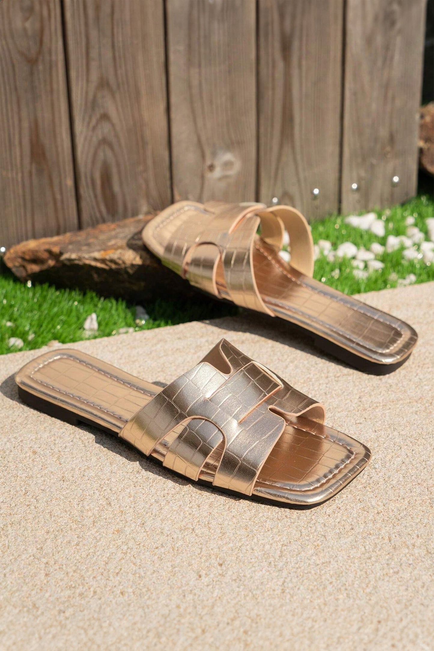 Gold Metallic Croc Embossed Roman Flat Slide
