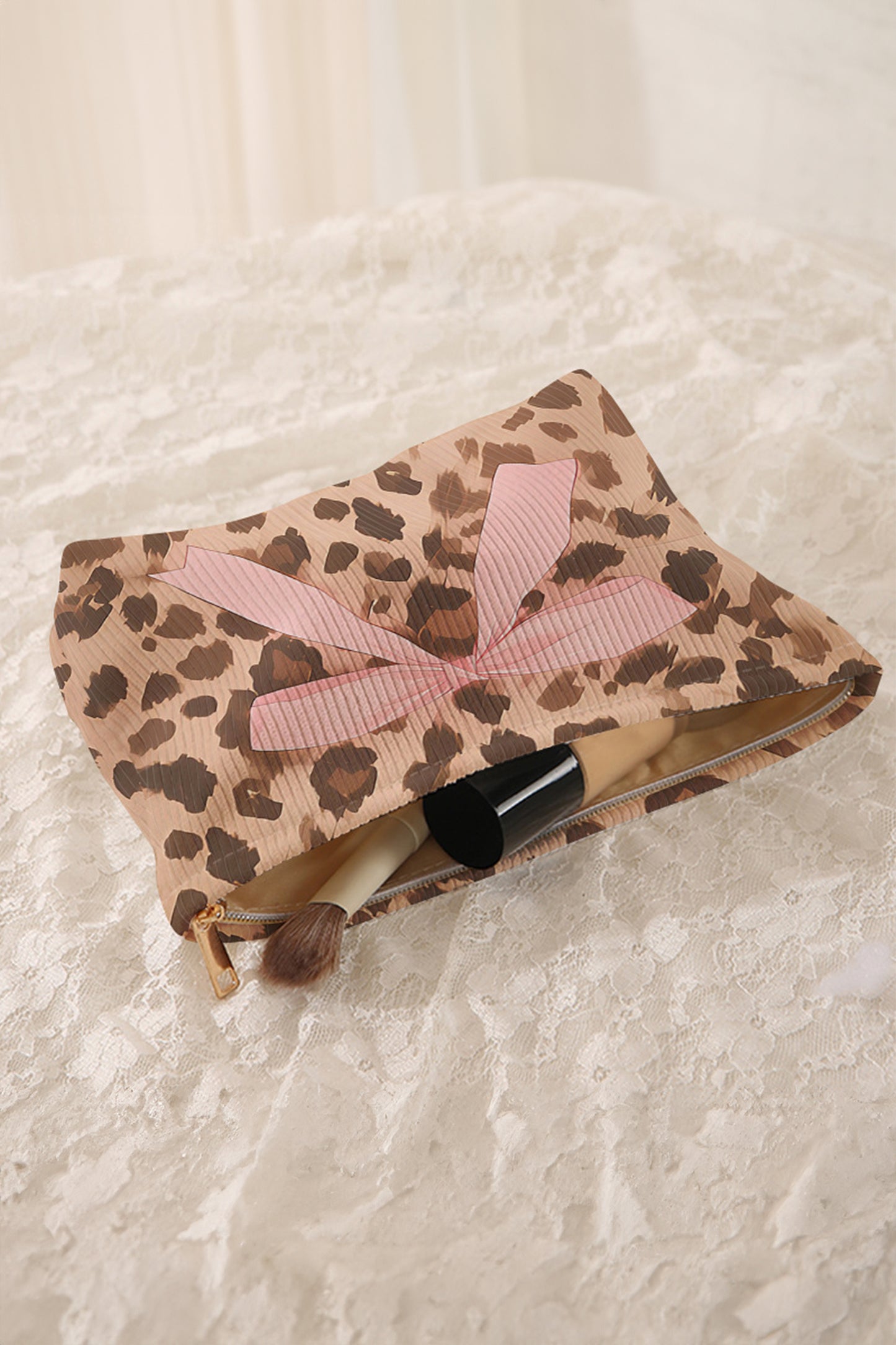 Leopard Print Pink Bow Ribbed Makeup Bag