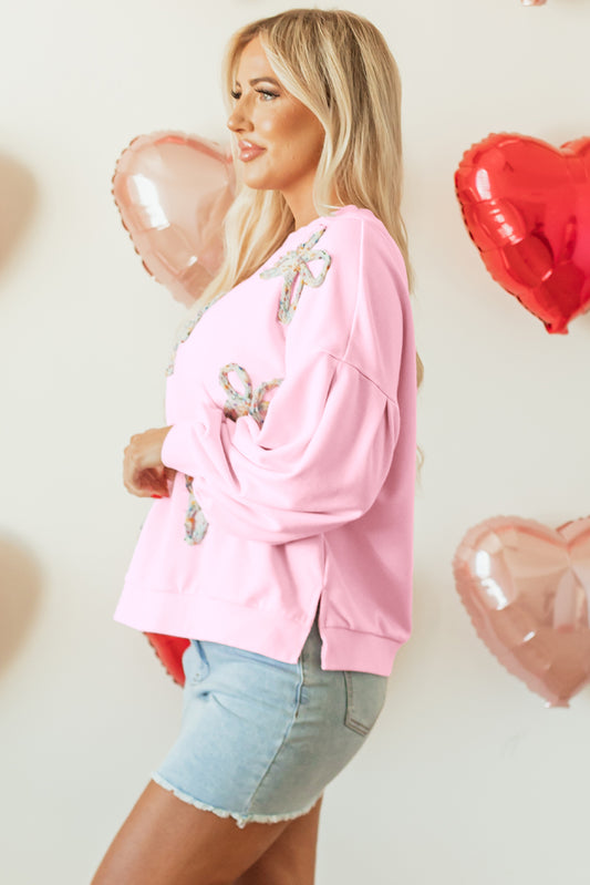 Light Pink Embroidered Bow Oversized Pullover Sweatshirt