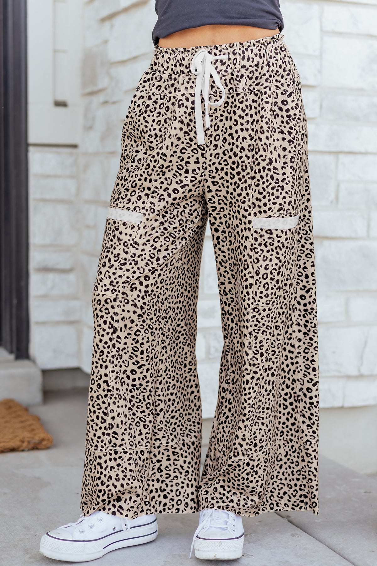 Gray Animal Print Wide Leg Terry Knit Pants