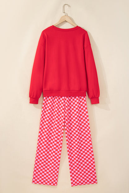 Red Christmas Slogan Graphic Plaid Contrast Two-piece Pant Set