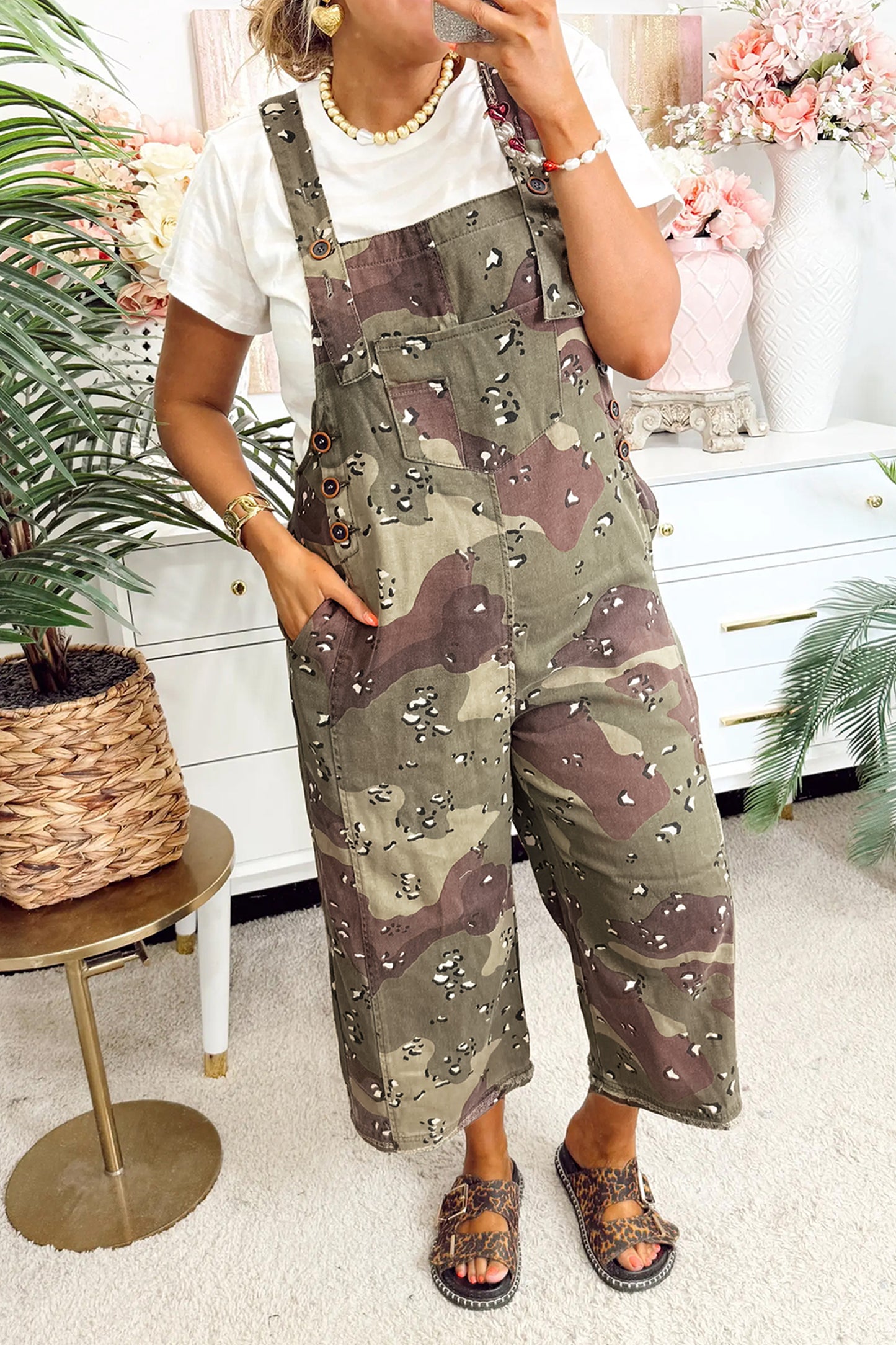 Camo Leopard Print Cropped Denim Overall
