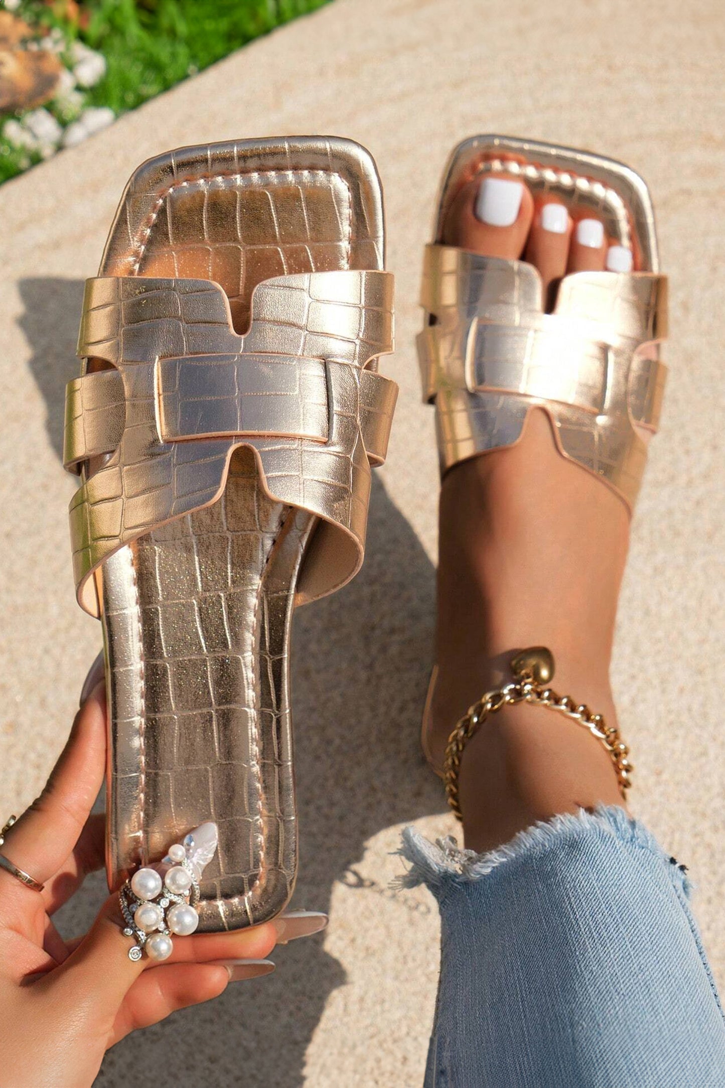 Gold Metallic Croc Embossed Roman Flat Slide