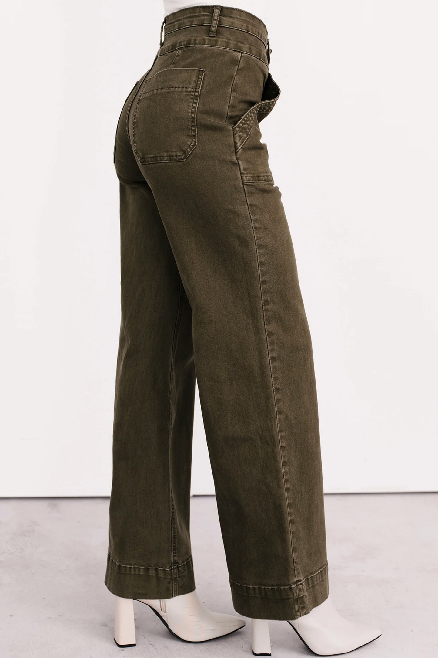Jungle Green Double Waistband Wide-Leg Denim Jean