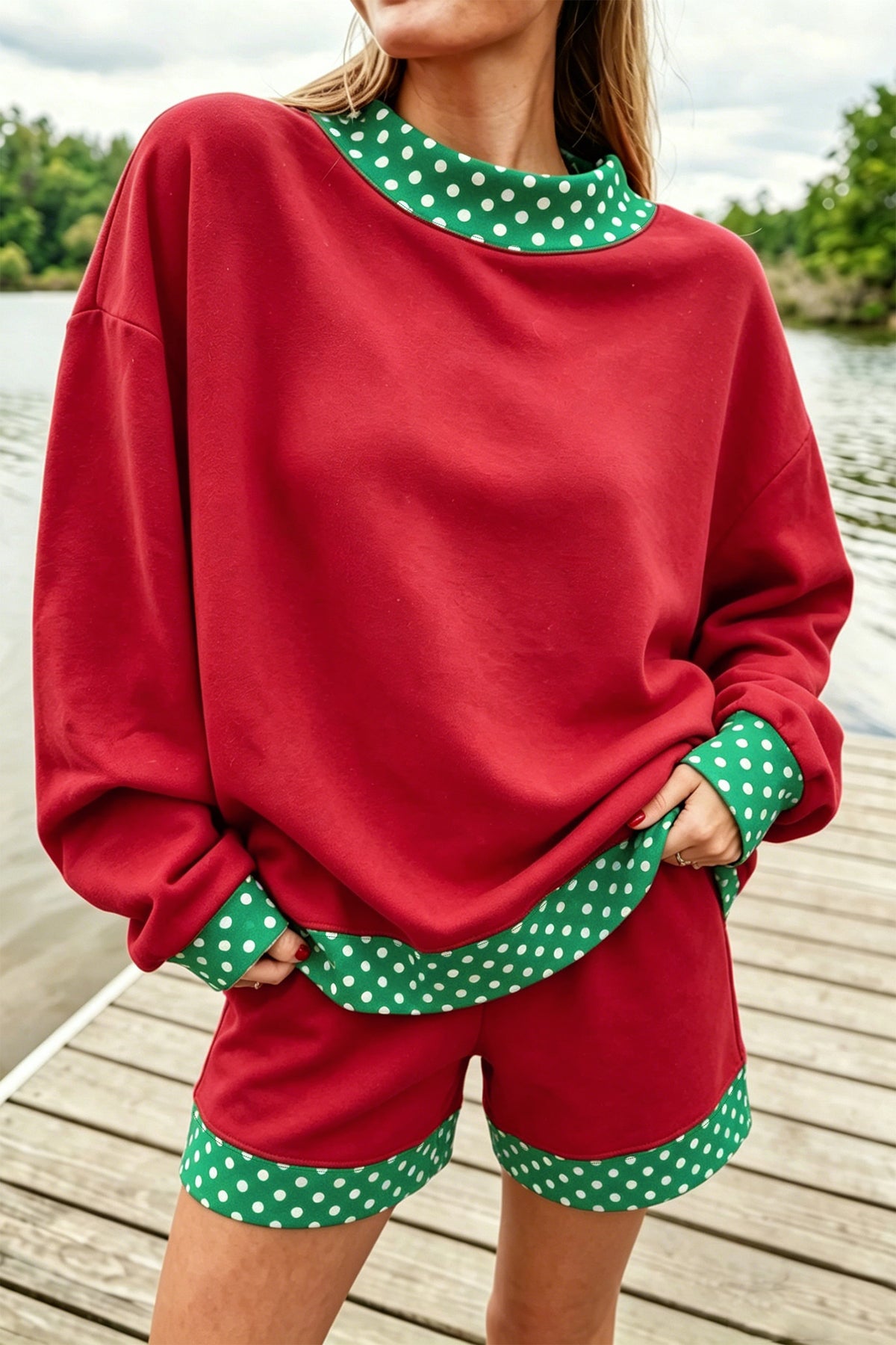 Gingham Trim Pullover Short Set