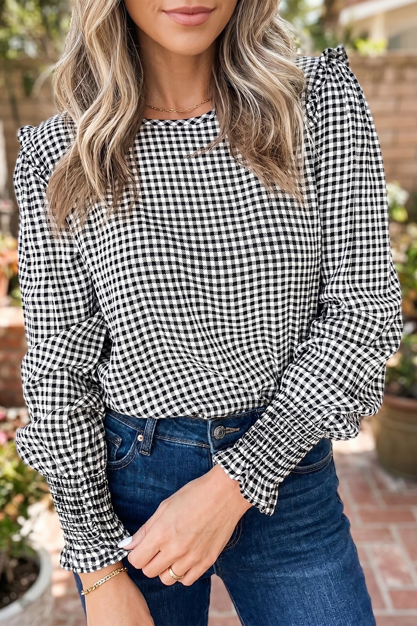 Black Gingham Ruffle Shoulder Blouse