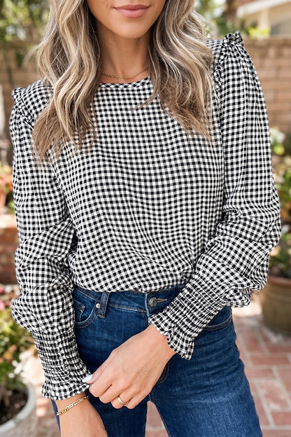 Black Gingham Ruffle Shoulder Blouse