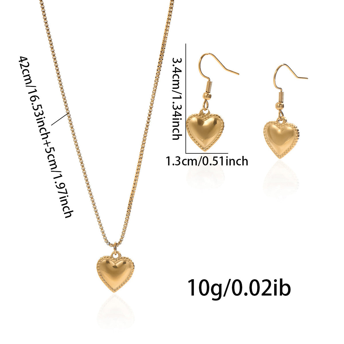 18K Gold Plated Puffy Heart Pendant Necklace And Earrings Set