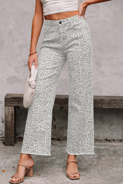 Leopard Print Frayed Wide Leg Jeans