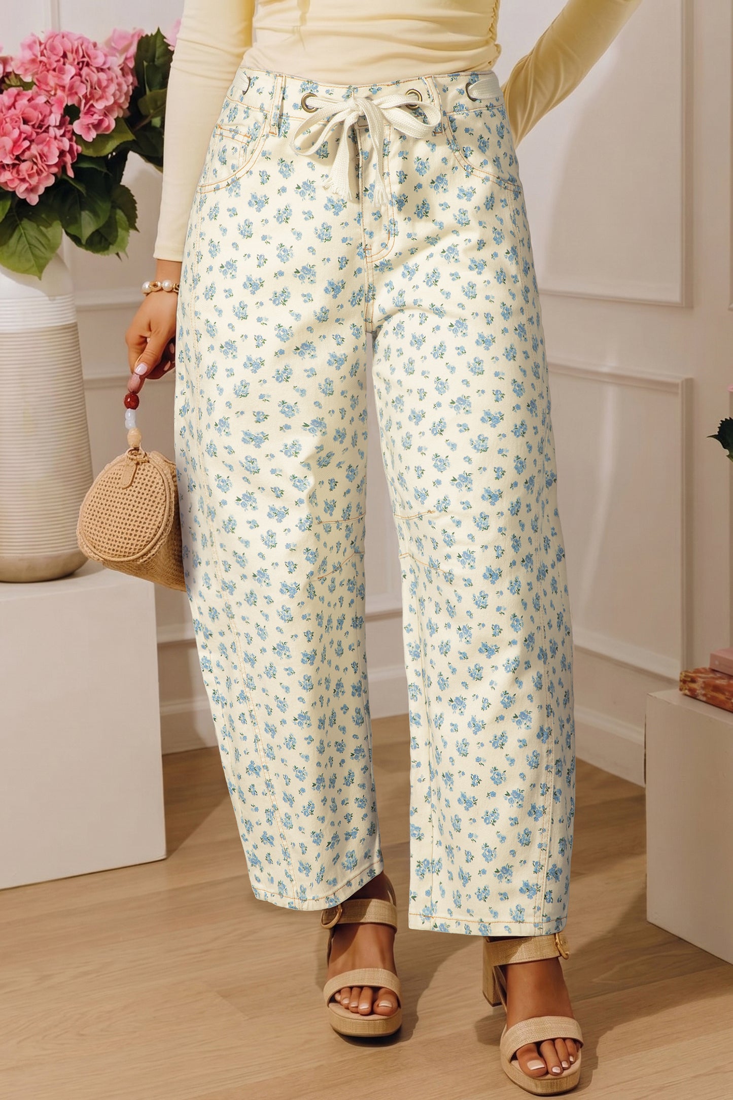 Floral Grommet Tie Waist Jeans