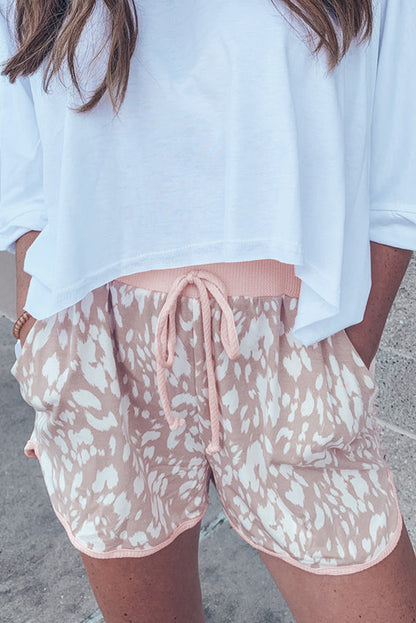 Khaki Classic Leopard Arched Hem Elastic Waistband Casual Shorts