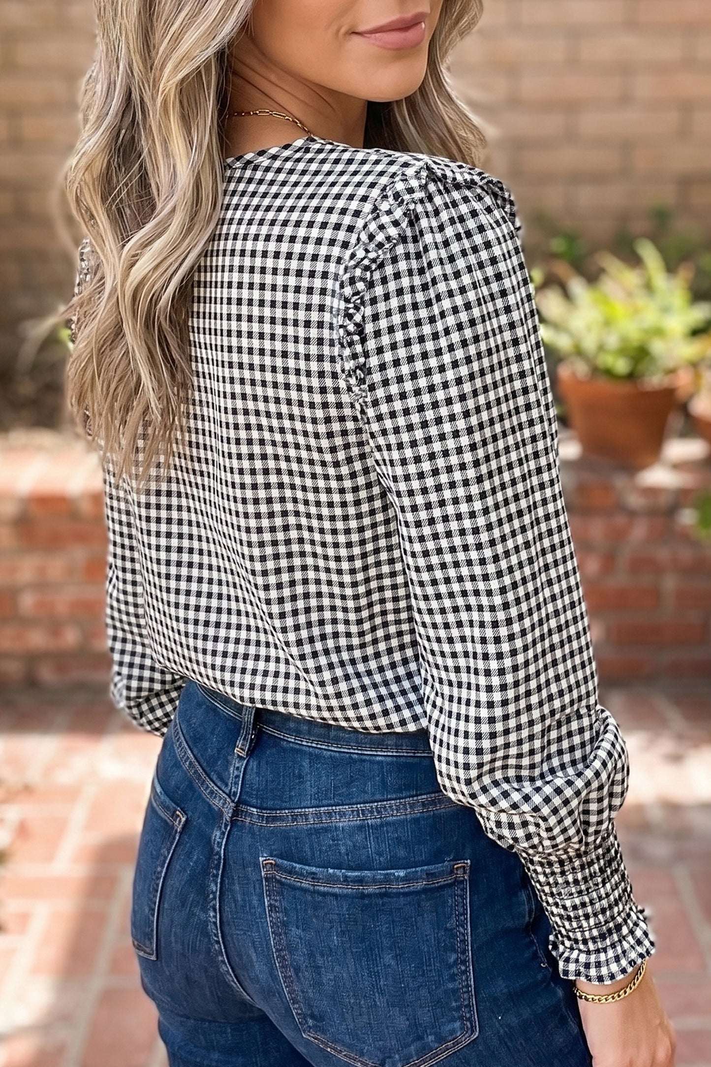 Black Gingham Ruffle Shoulder Blouse