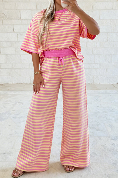 Pink Stripe Colorblock Trim Crew Neck Loose Tee Drawstring Elastic Waist 2pcs Pant Set