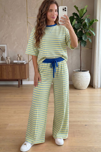 Pink Stripe Colorblock Trim Crew Neck Loose Tee Drawstring Elastic Waist 2pcs Pant Set