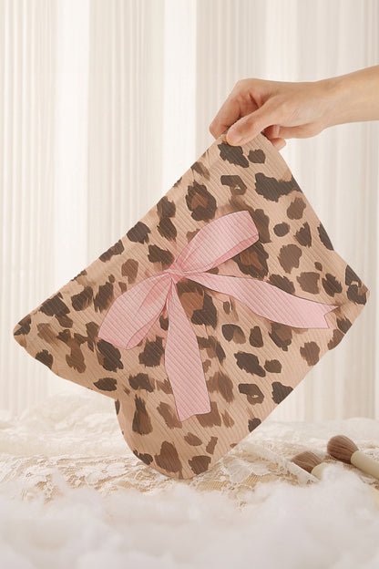 Leopard Print Pink Bow Ribbed Makeup Bag