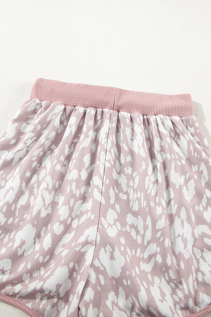 Khaki Classic Leopard Arched Hem Elastic Waistband Casual Shorts