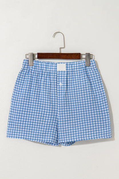 Blue Gingham Printed High Waist Shorts