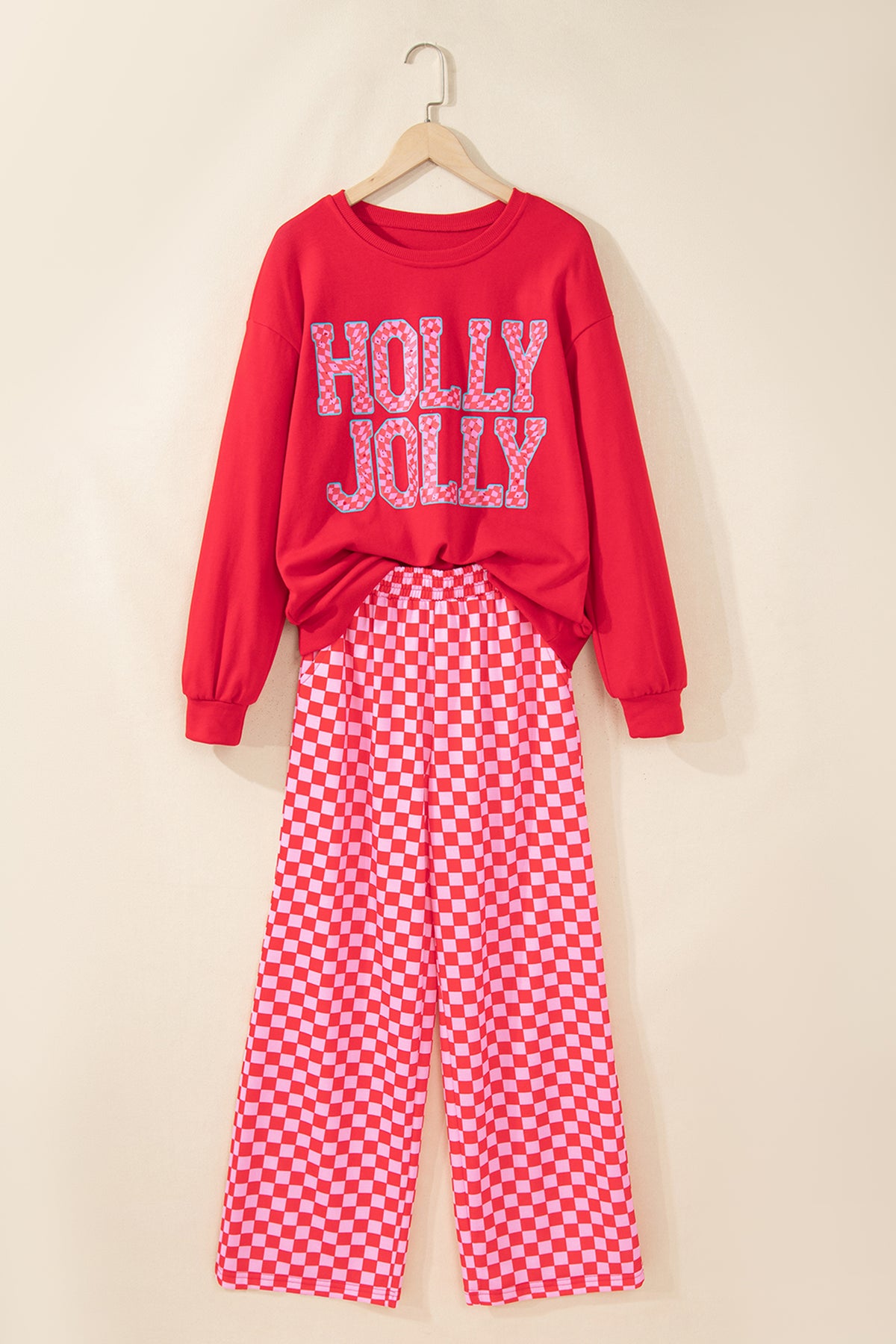 Red Christmas Slogan Graphic Plaid Contrast Two-piece Pant Set