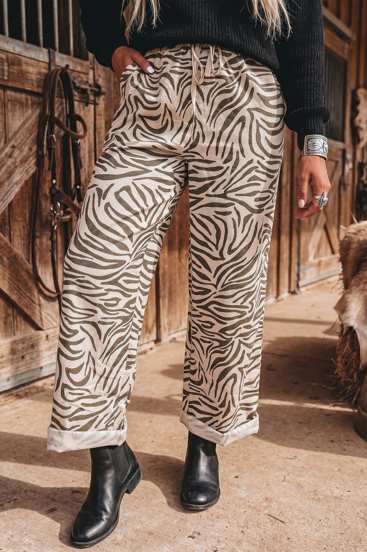 Western Zebra Print Drawstring Wide-Leg Pant