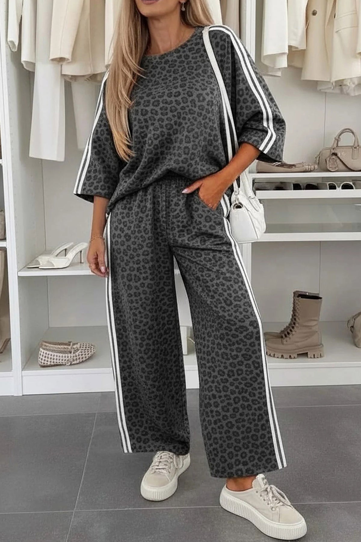 Leopard Print Varsity Striped Pant Set