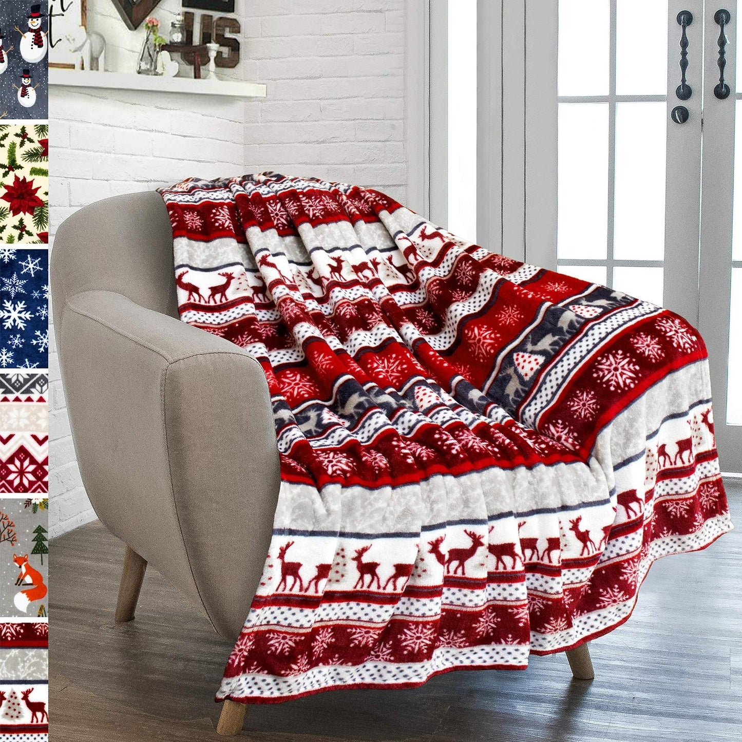 Christmas Holiday Reindeer Snowflake Print Flannel Winter Warm Sofa Decorative Blanket