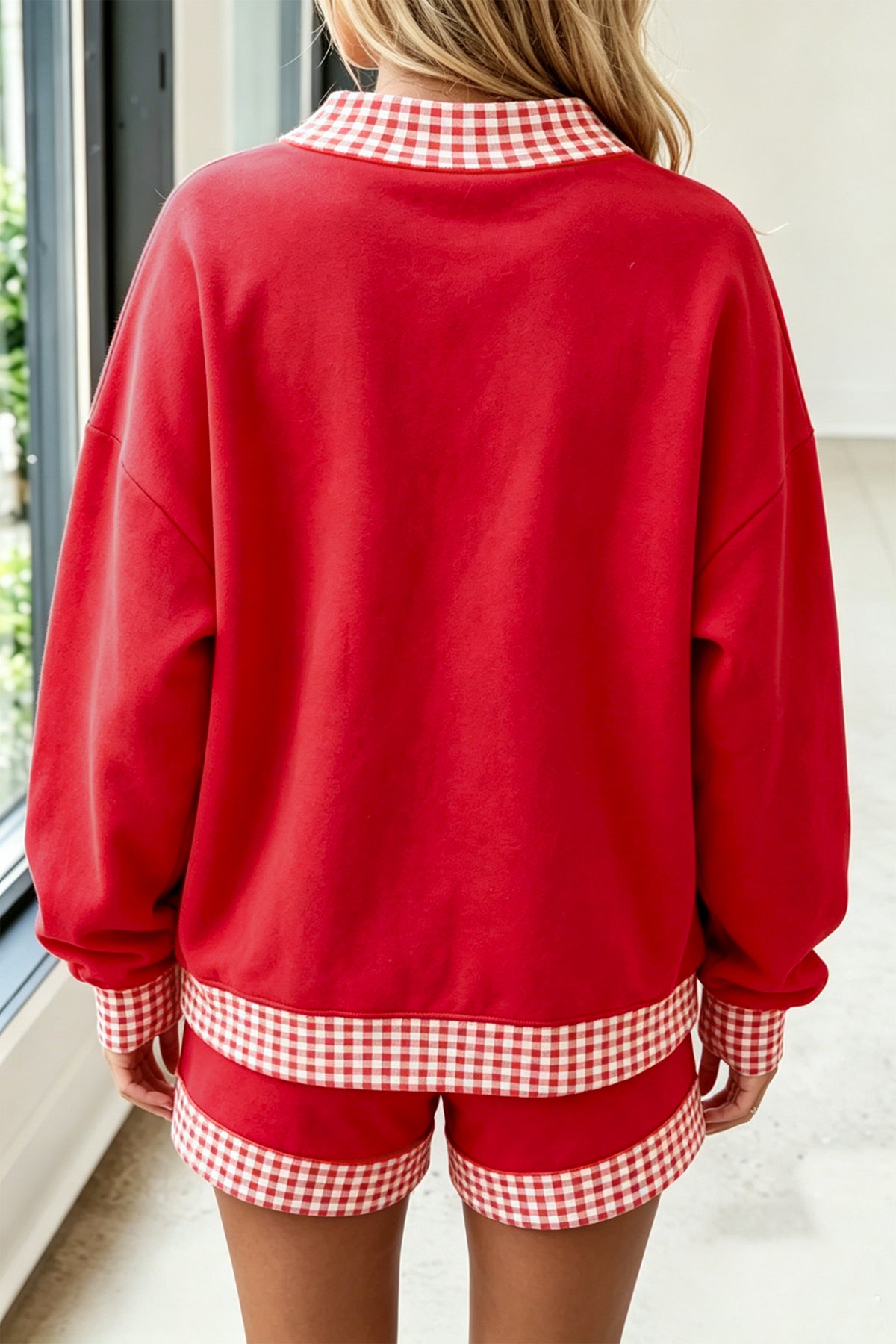 Gingham Trim Pullover Short Set