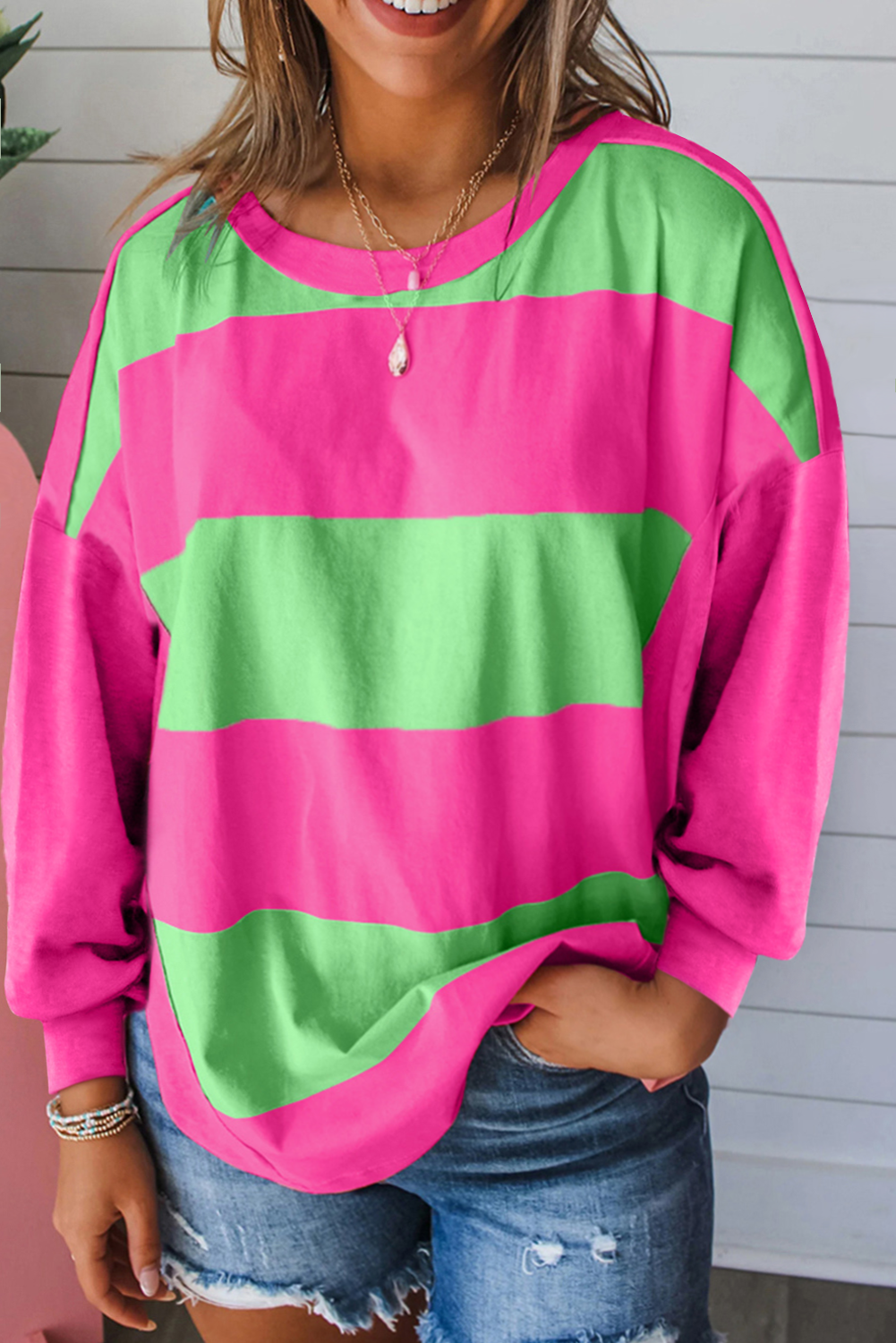 Lucy Top Light Green and Fuchsia Color Block