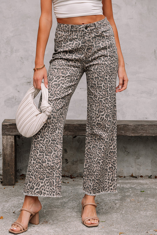 Leopard Print Frayed Wide Leg Jeans