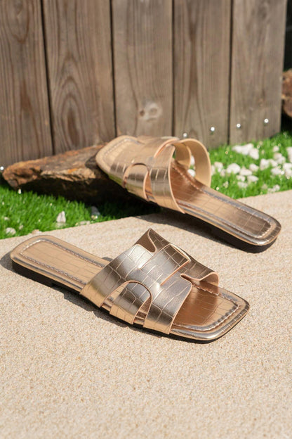 Gold Metallic Croc Embossed Roman Flat Slide
