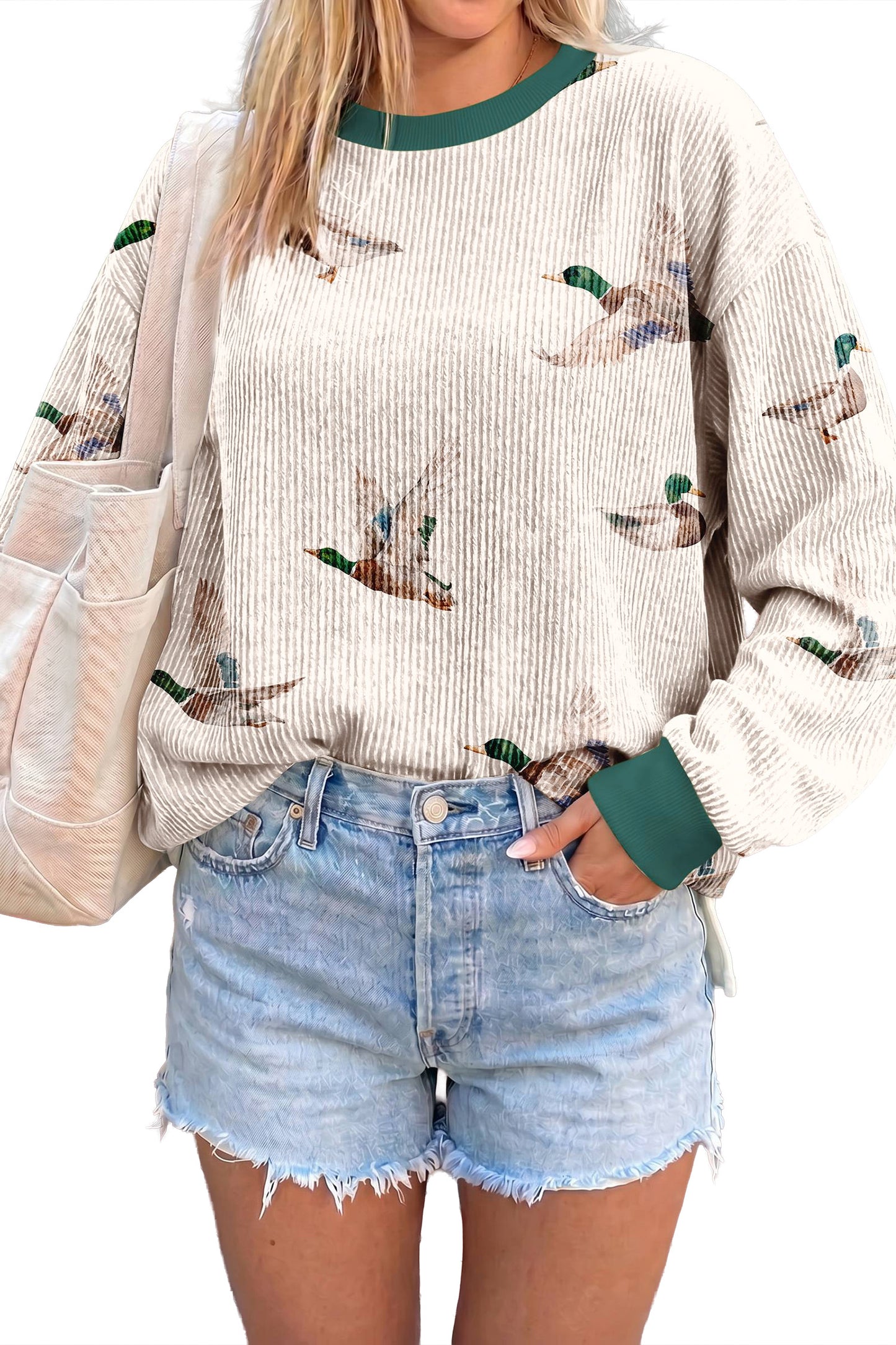 Duck Print Ribbed Crewneck Pullover