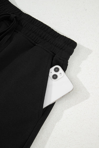 Black French Terry Drawstring Elastic Waistband Mini Skort with Pockets
