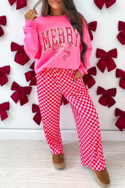 Red Christmas Slogan Graphic Plaid Contrast Two-piece Pant Set