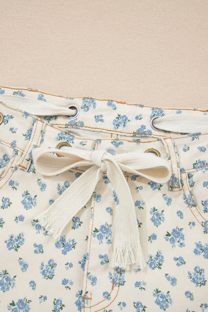 Floral Grommet Tie Waist Jeans