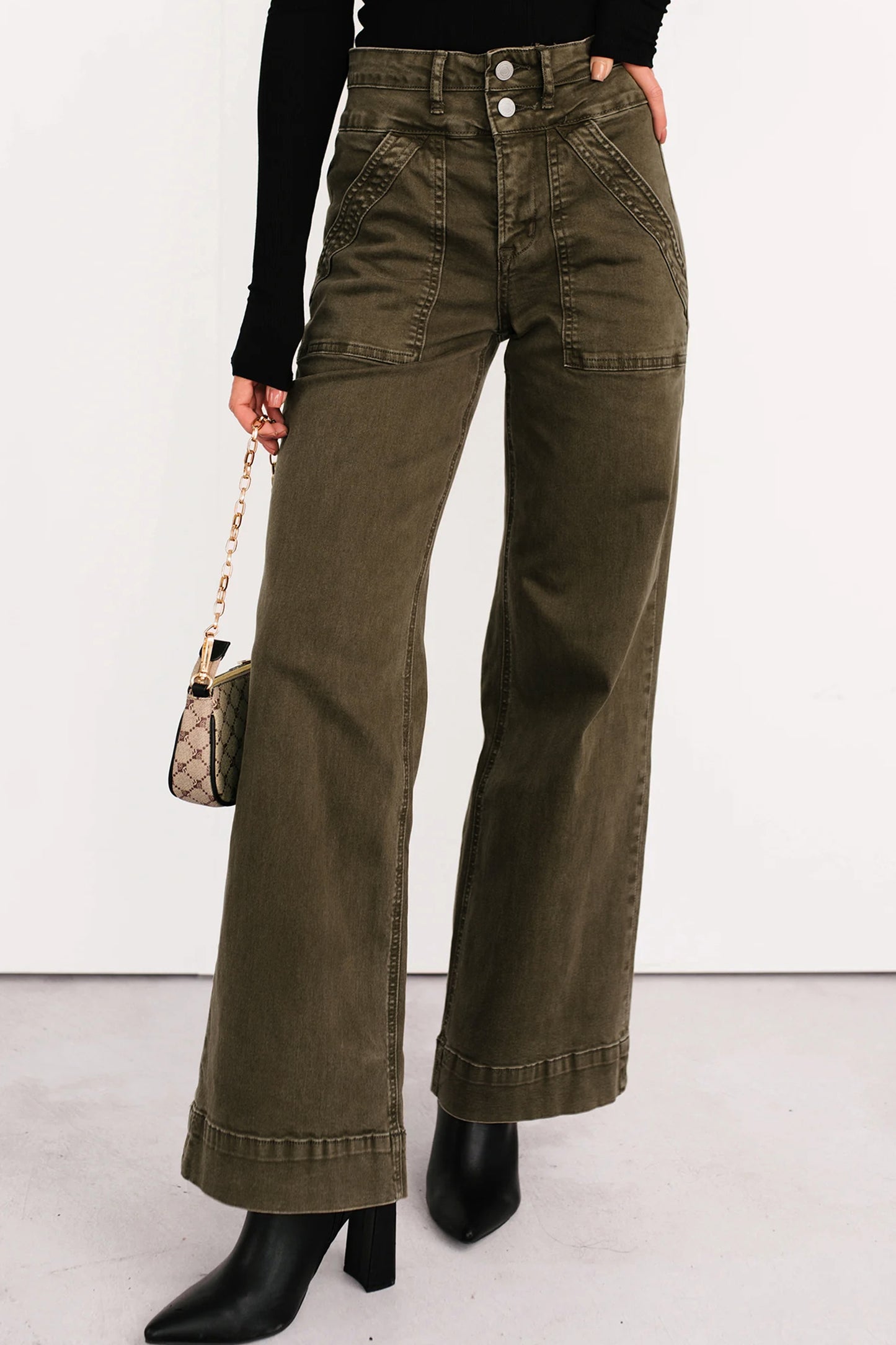 Jungle Green Double Waistband Wide-Leg Denim Jean