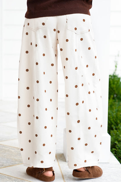 Beige Polka Dot Print Plus Size Barrel Jeans