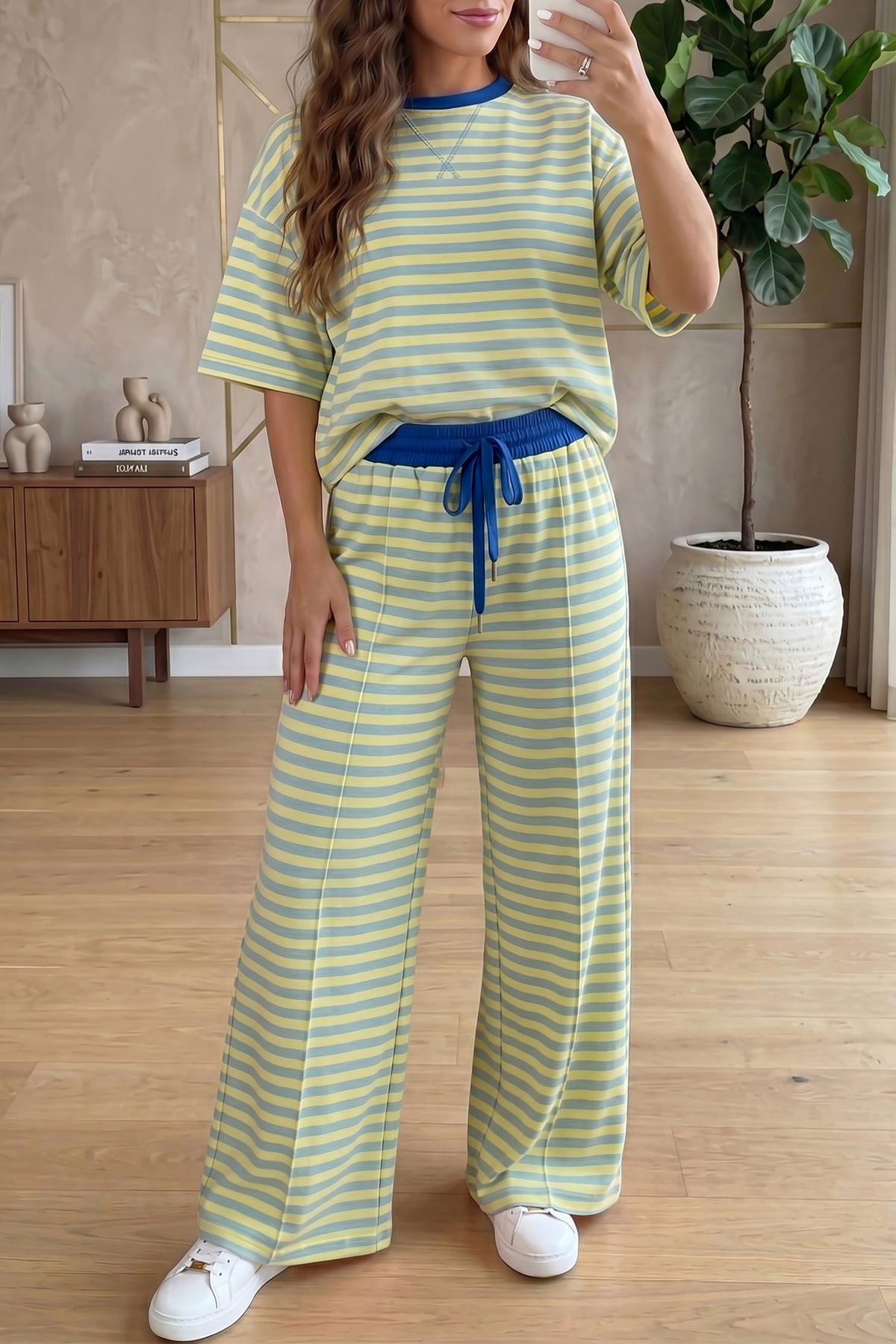 Pink Stripe Colorblock Trim Crew Neck Loose Tee Drawstring Elastic Waist 2pcs Pant Set