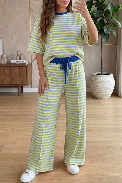 Pink Stripe Colorblock Trim Crew Neck Loose Tee Drawstring Elastic Waist 2pcs Pant Set