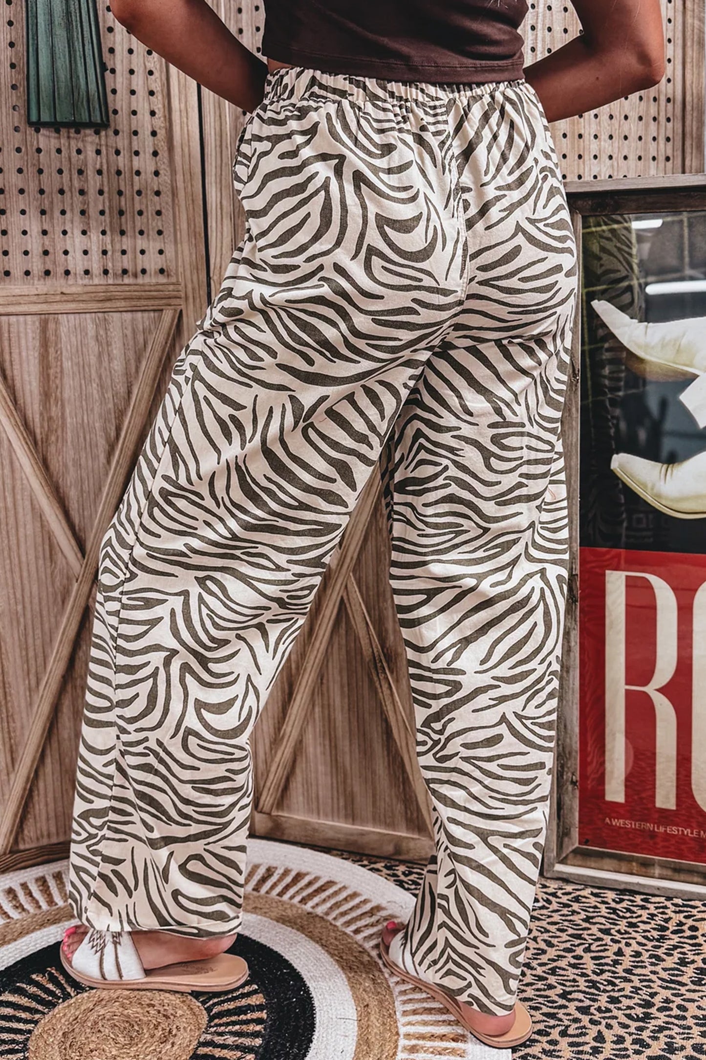 Western Zebra Print Drawstring Wide-Leg Pant