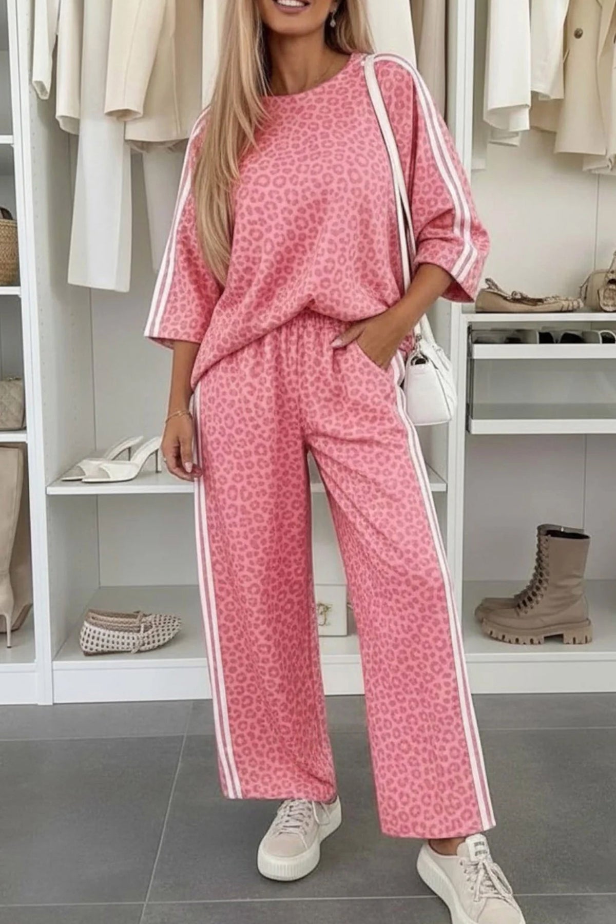 Leopard Print Varsity Striped Pant Set