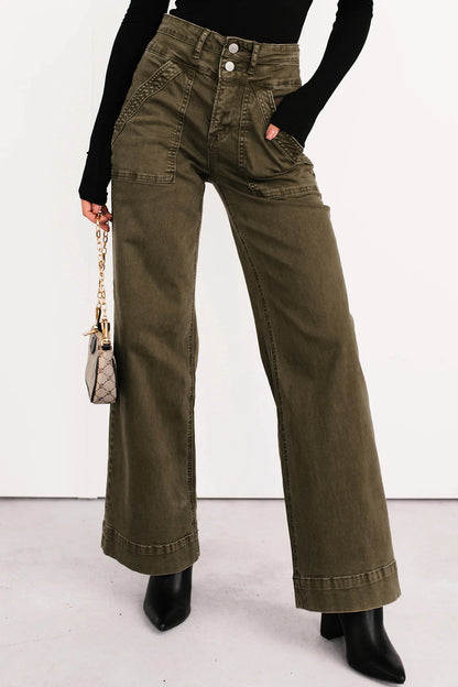 Jungle Green Double Waistband Wide-Leg Denim Jean
