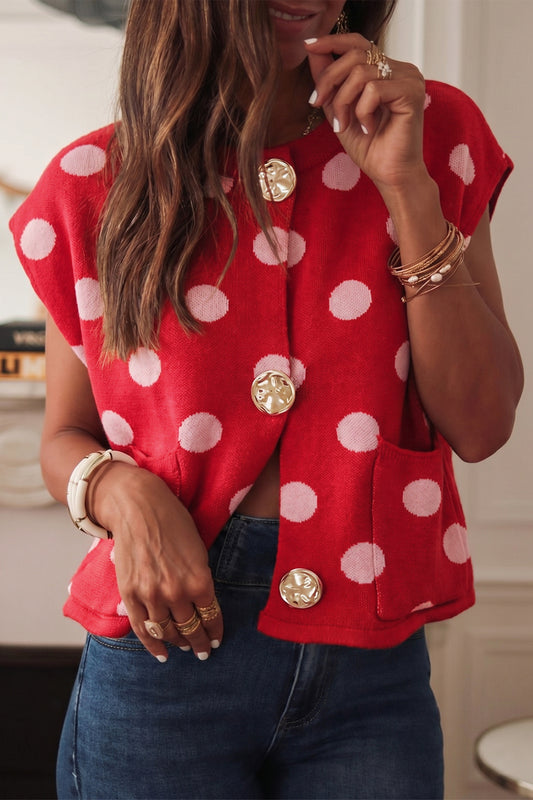 Red Polka Dot Gold Button Knit Sweater Vest