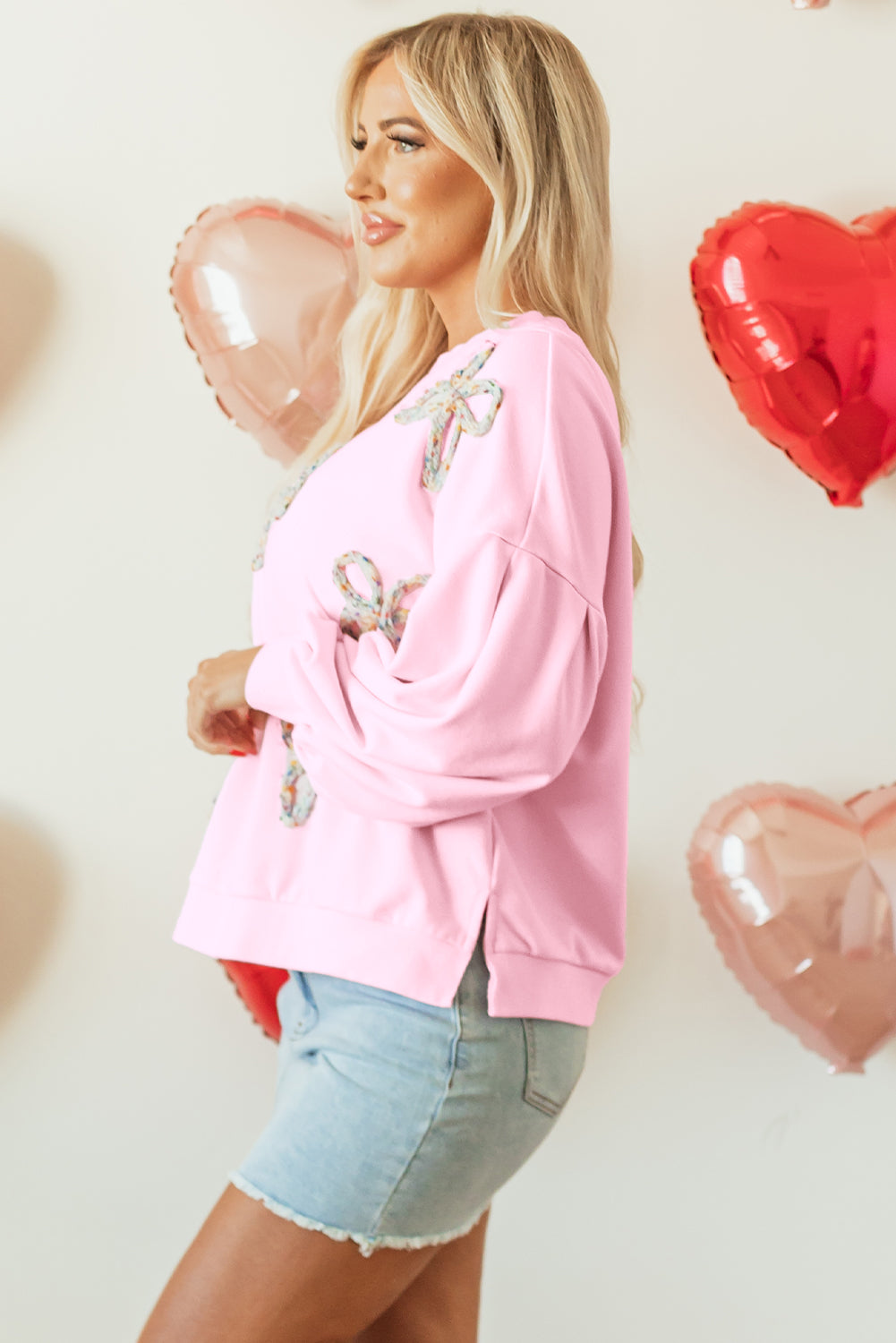 Light Pink Embroidered Bow Oversized Pullover Sweatshirt