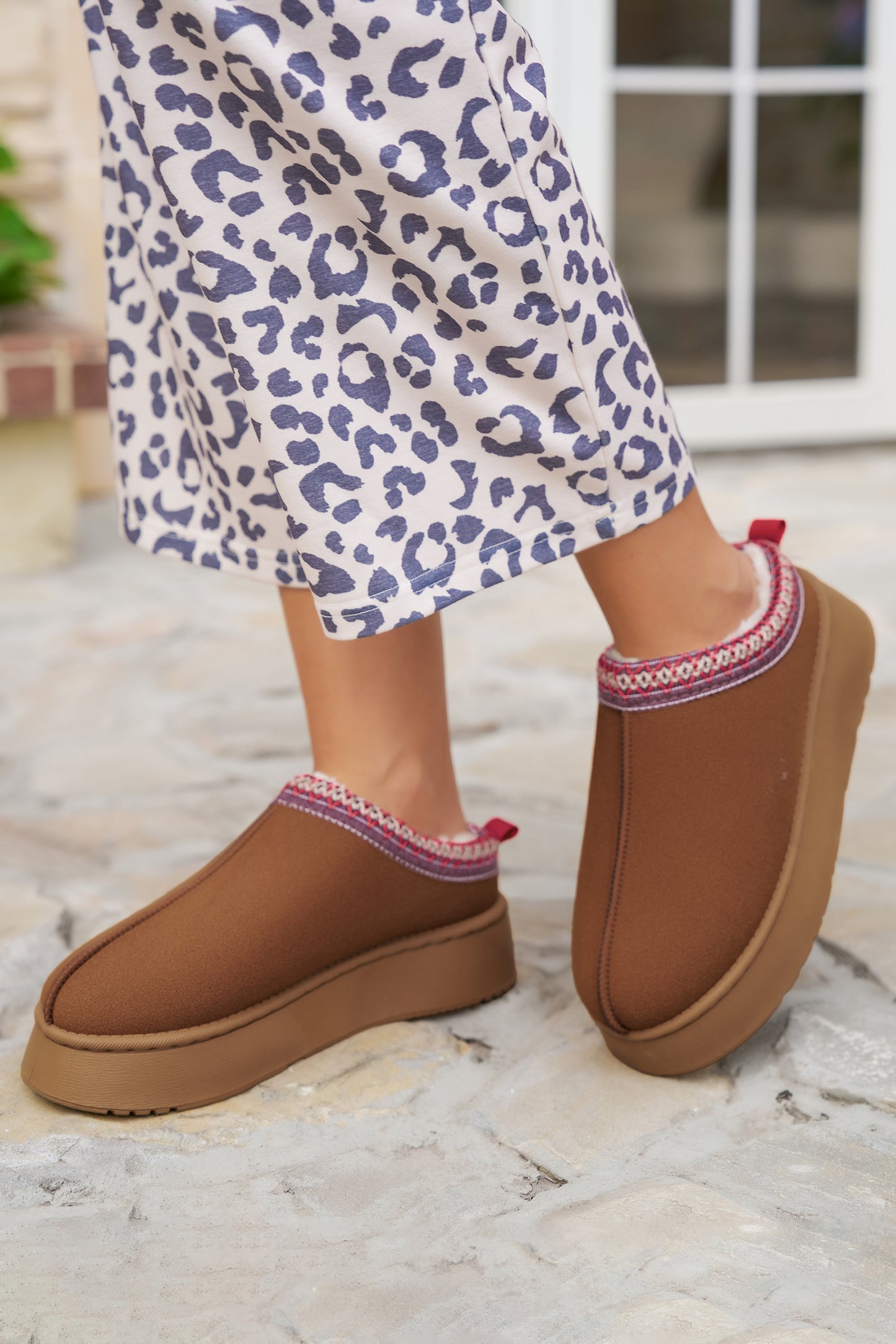 Chestnut Print Suede Plush Lined Mule Slides