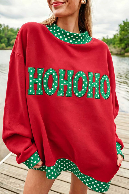 HOHOHO Polka Dot Appliqué Contrast Trim Sweatshirt
