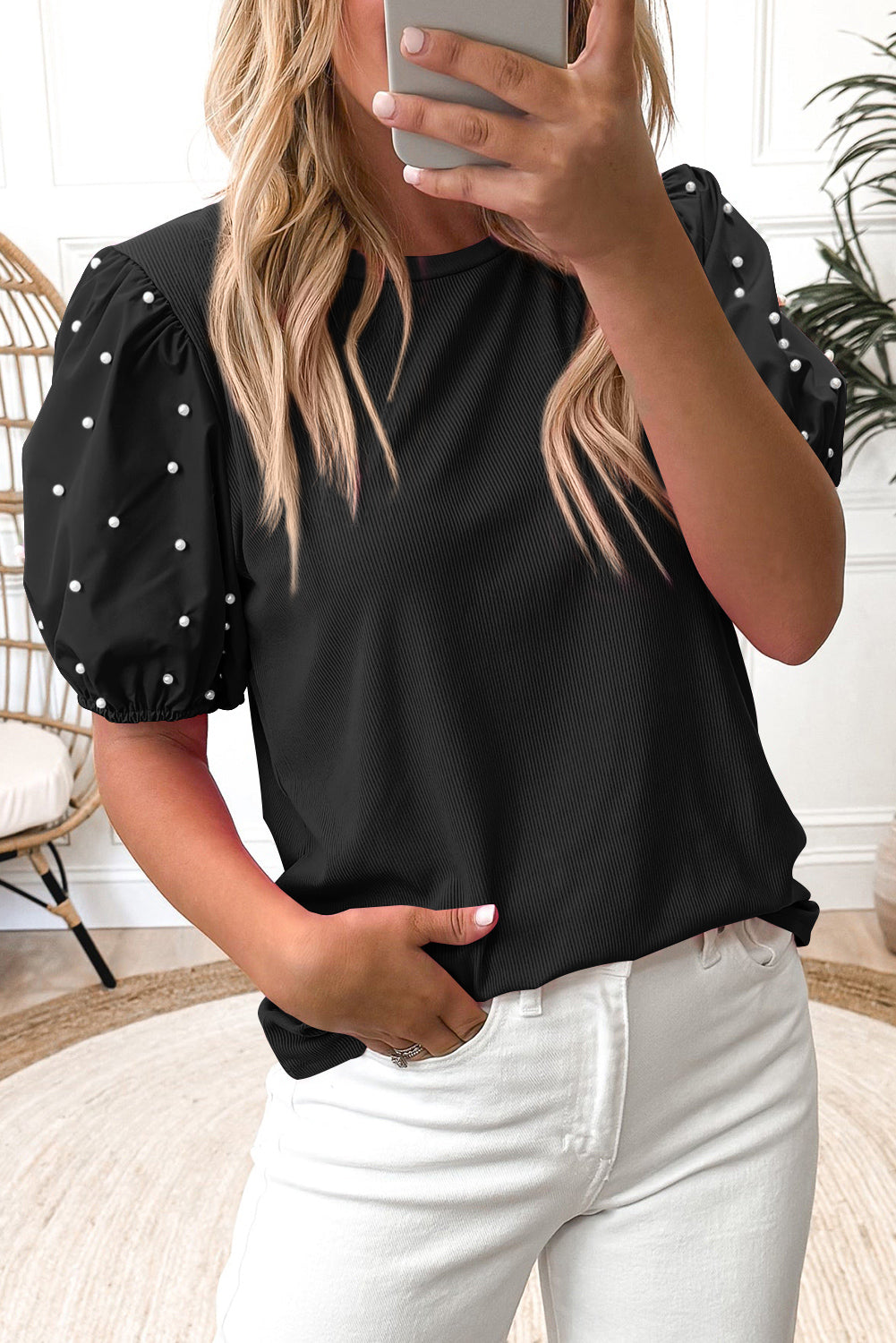 Tiffany Top Black Ribbed Pearl Beaded Puff Sleeve