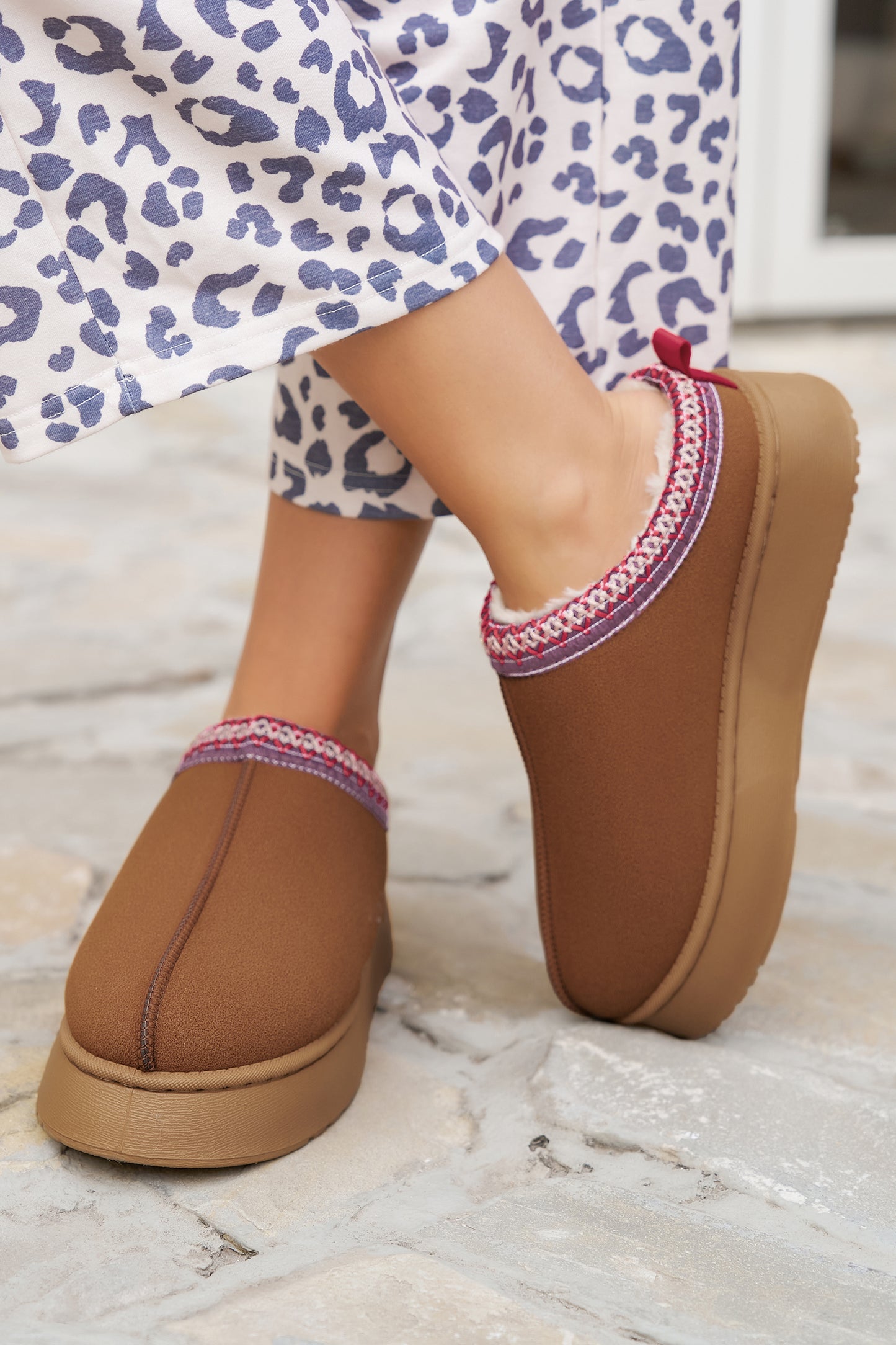 Chestnut Print Suede Plush Lined Mule Slides