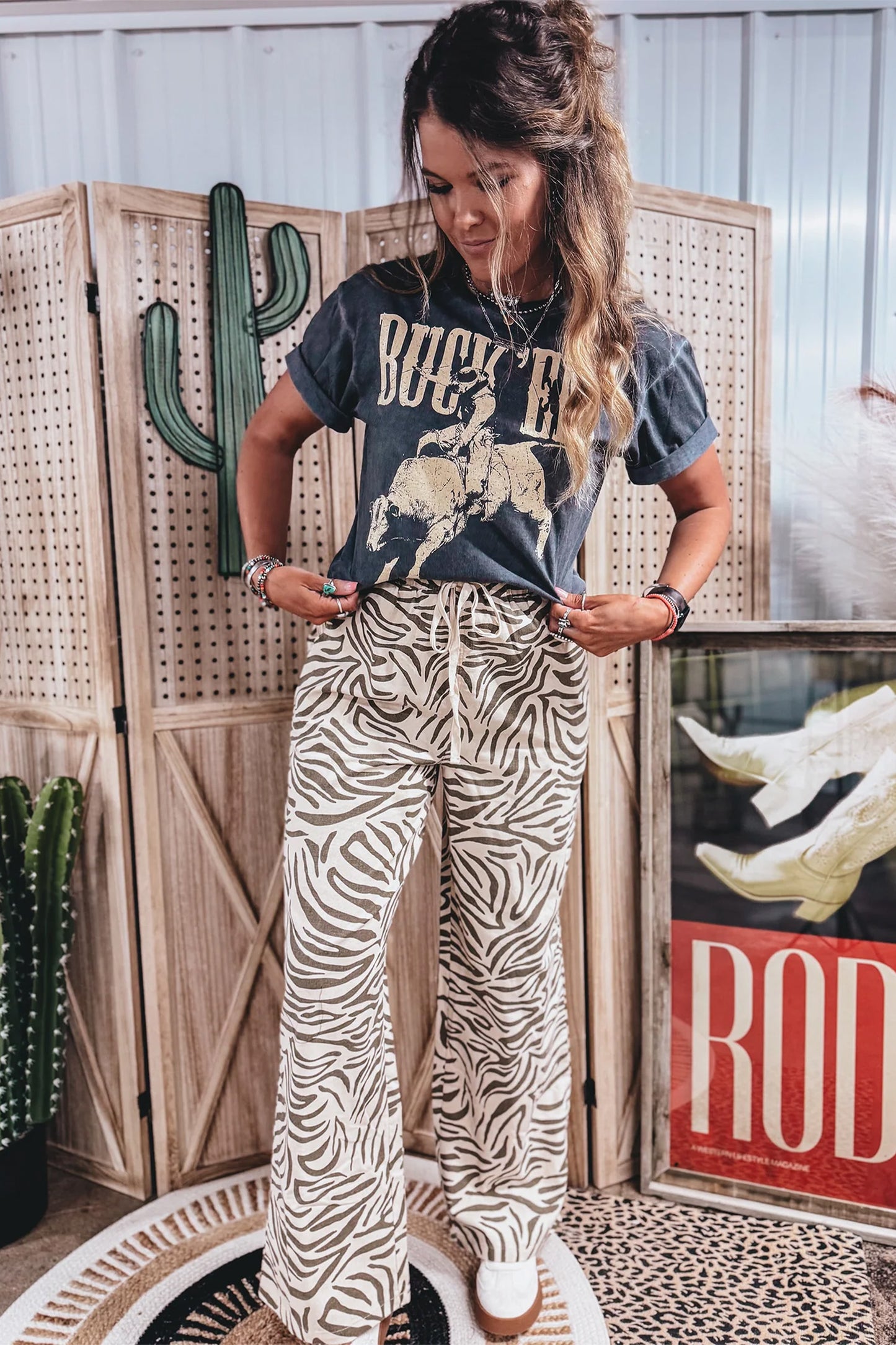 Western Zebra Print Drawstring Wide-Leg Pant